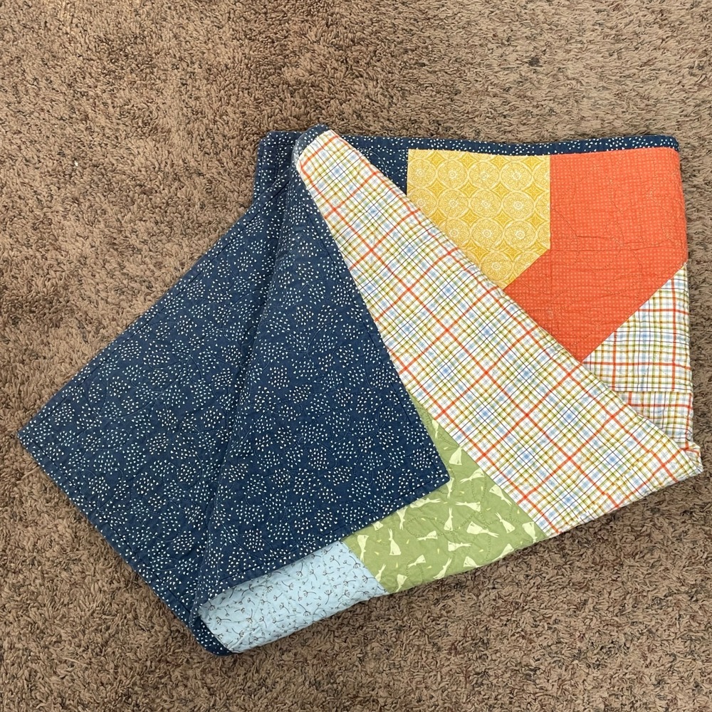 Handmade Modern Patchwork Baby Quilt Chevron Geometric Blue Yellow 36"X36" - Picture 2 of 3